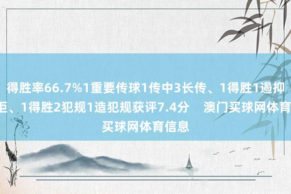 得胜率66.7%1重要传球1传中3长传、1得胜1遏抑6抵拒、1得胜2犯规1造犯规获评7.4分 澳门买球网体育信息